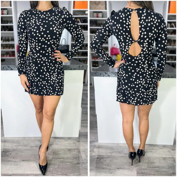 Reformation Black Sharon Full Sleeve White Garland Dress $185 - Picture 2 of 13